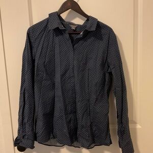 Eddie Bauer women’s long sleeved button shirt XL - navy blue w/white polka dots
